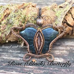 Handmade Rose (Black) Butterfly Pendant Necklace